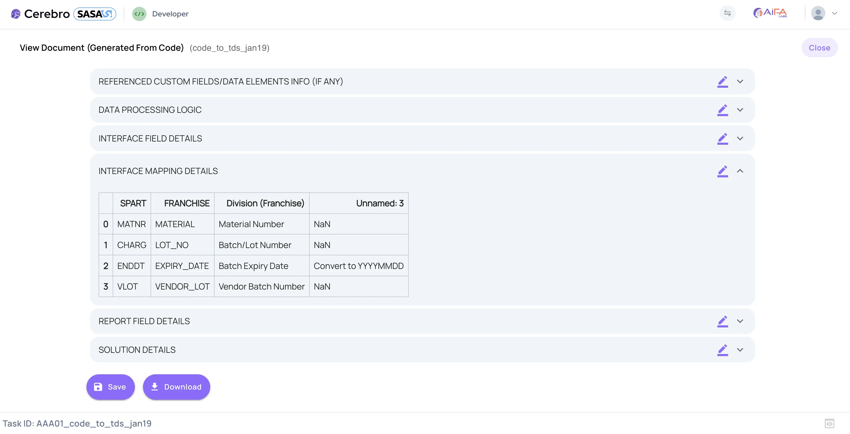 Screenshot of ABAP Code to Technical Specification Document - SASA AI-powered SAP automation feature