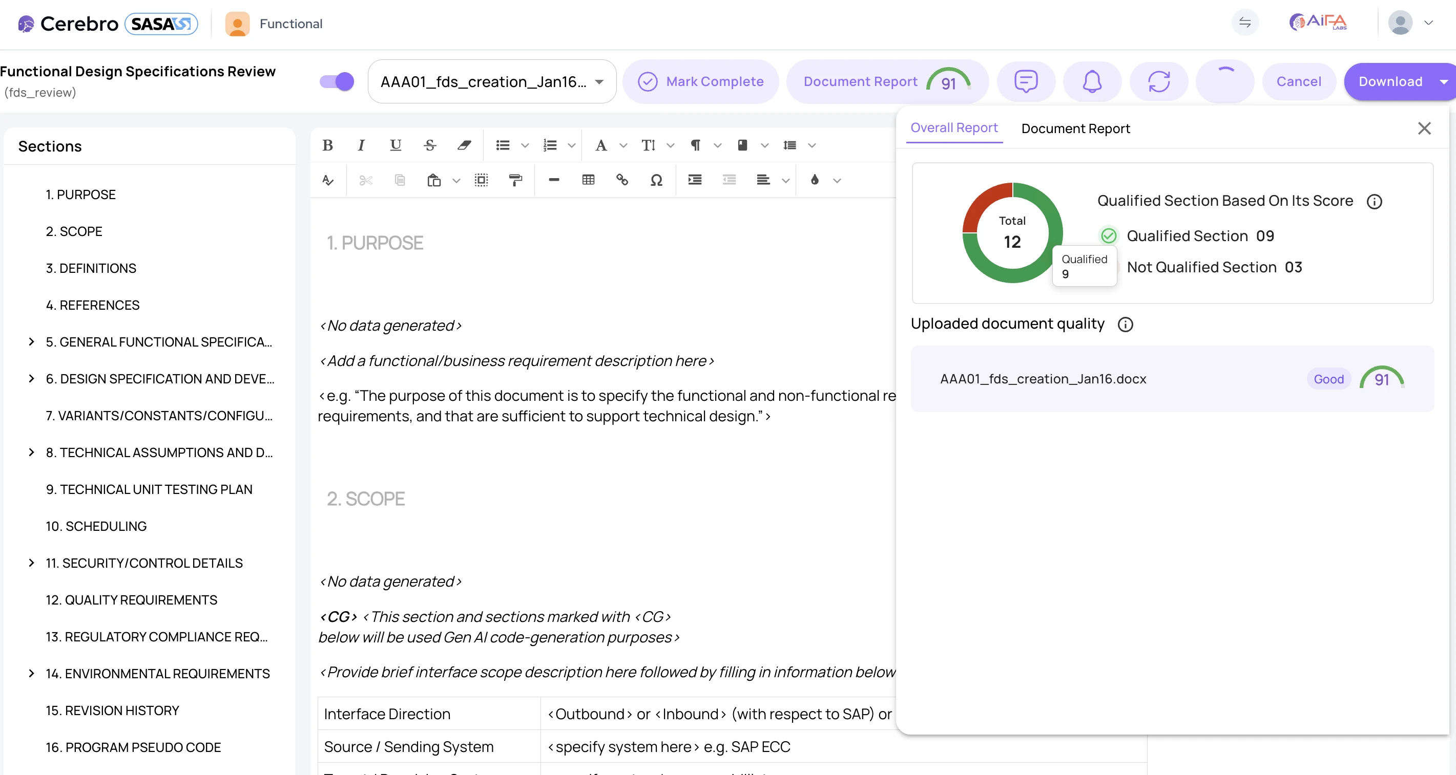 Screenshot of Design Document Quality Checker  - SASA AI-powered SAP automation feature