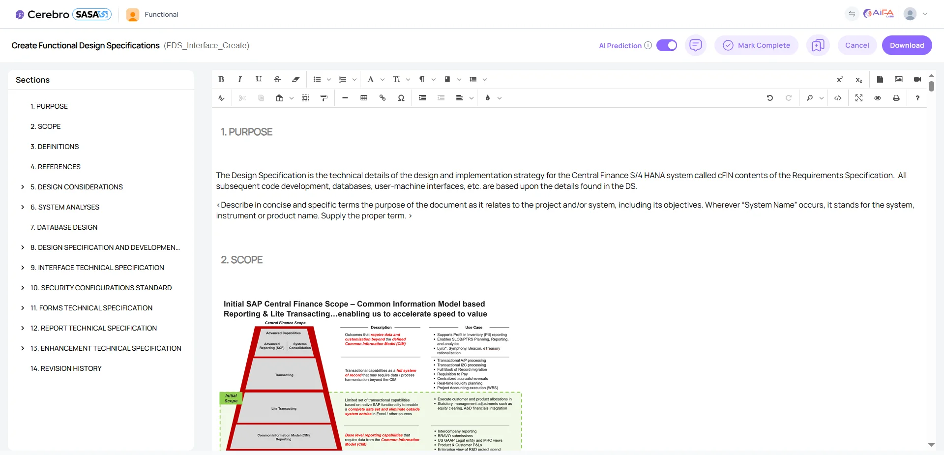 Screenshot of Functional Design Specification (FDS) Creation - SASA AI-powered SAP automation feature