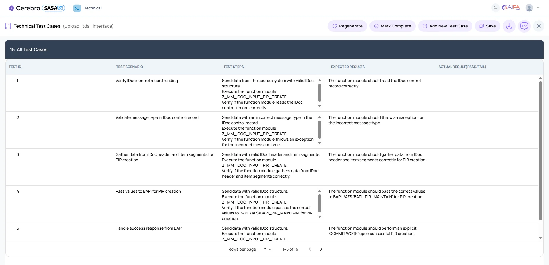 Screenshot of Technical Unit Test (TUT) Generation - SASA AI-powered SAP automation feature
